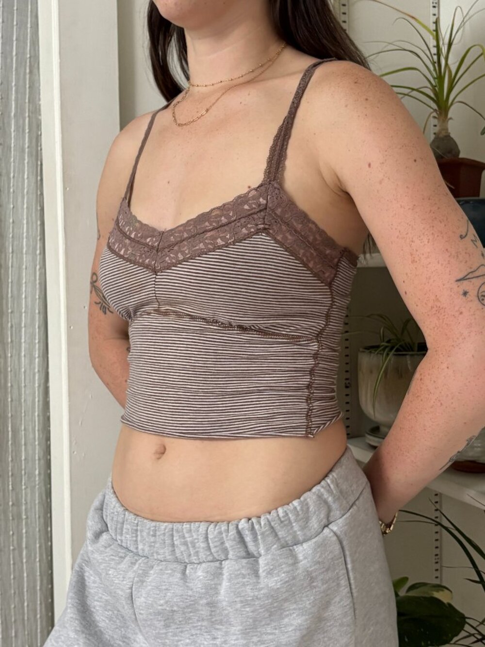 Y2k Brown Striped Lace-Trim Tank Top